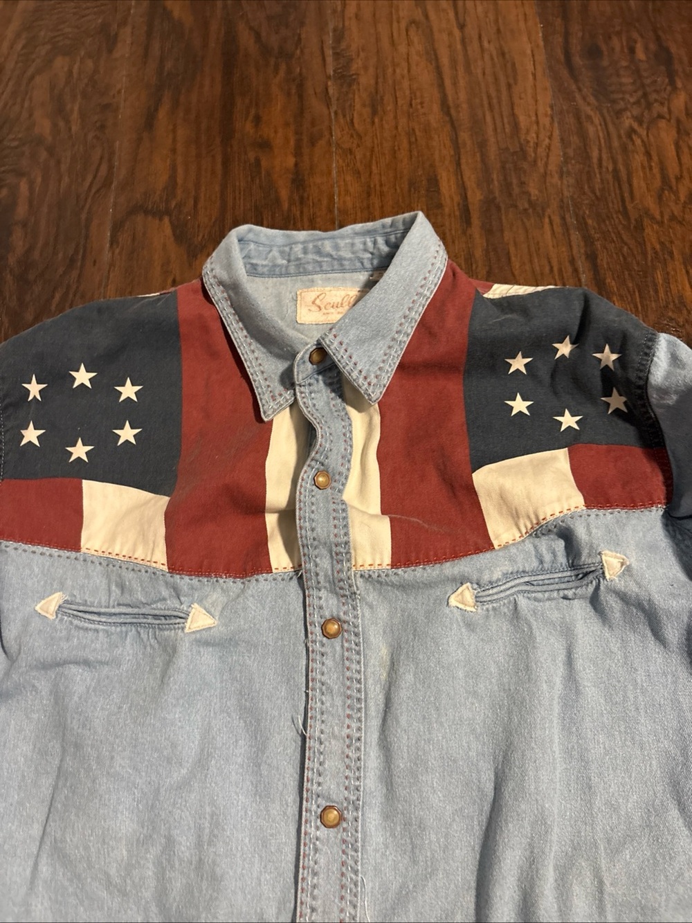 Scully Rare Denim Button-Down Shirt in Light Blue with Red, White & Blue Yoke